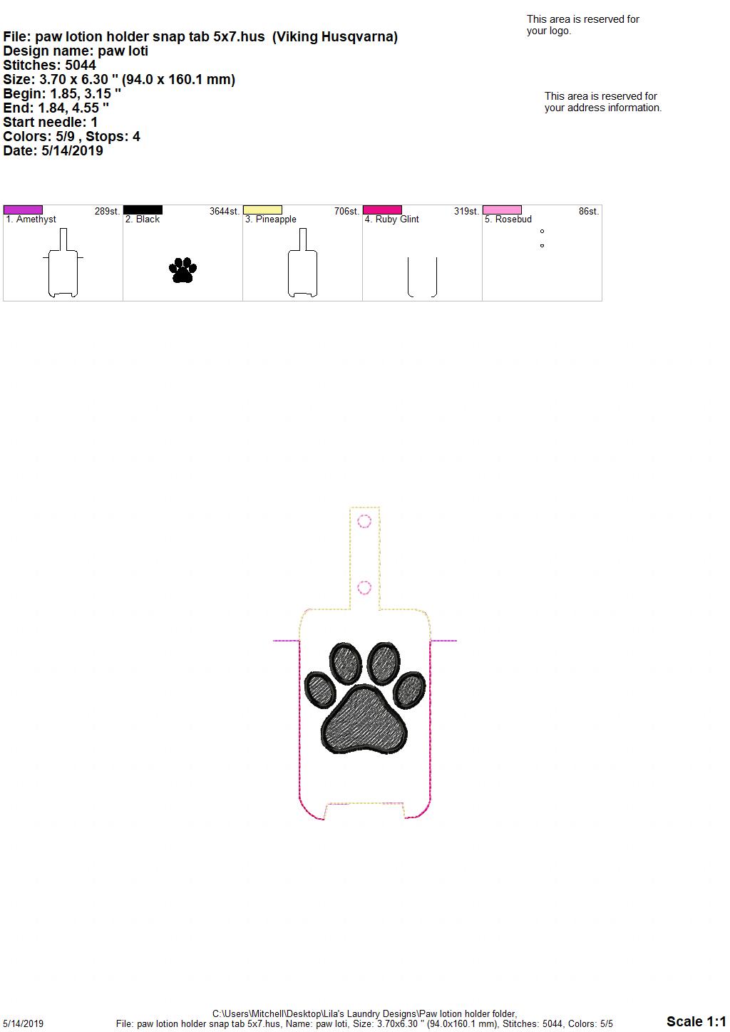 Paw Hand Lotion Holder 5x7 included- DIGITAL Embroidery DESIGN