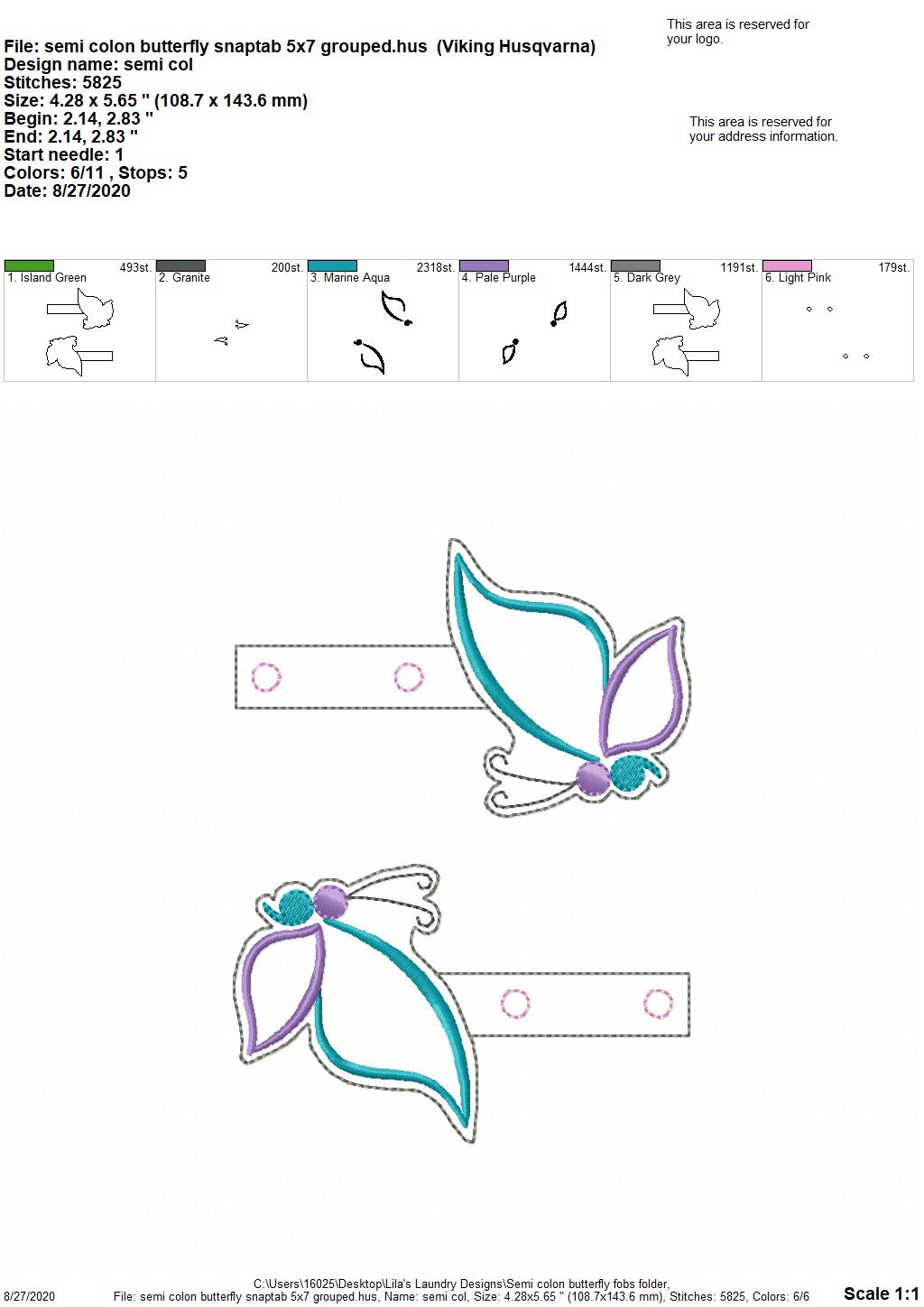 Semi Colon Butterfly Fobs - DIGITAL Embroidery DESIGN