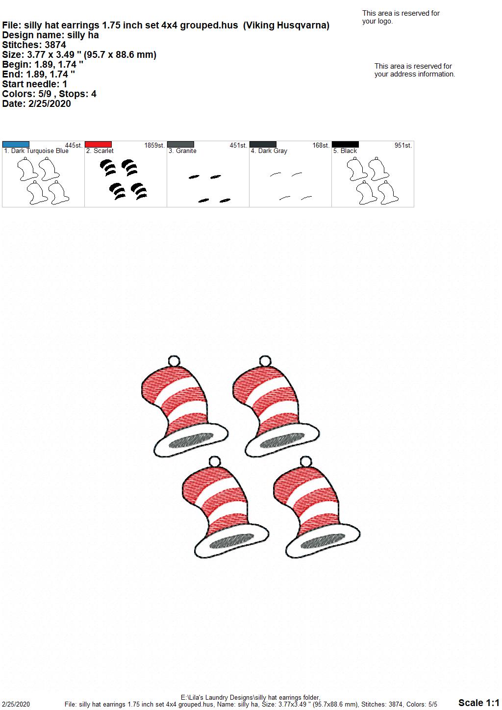 Silly Hat Earrings - 2 sizes - Digital Embroidery Design
