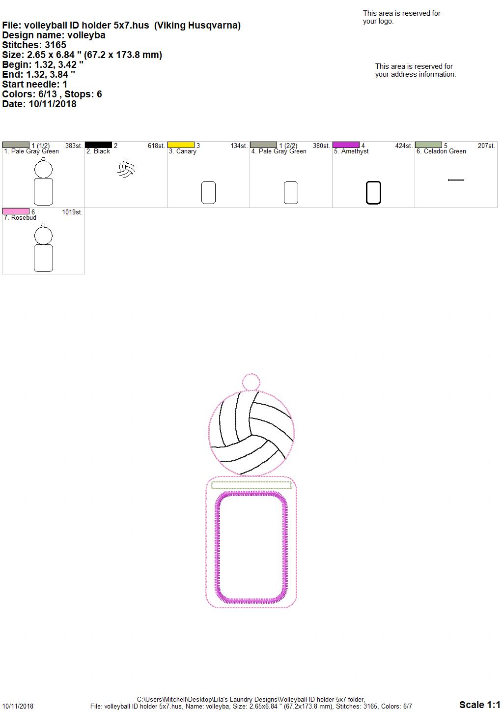 Volleyball ID holder - Embroidery Design - DIGITAL Embroidery design