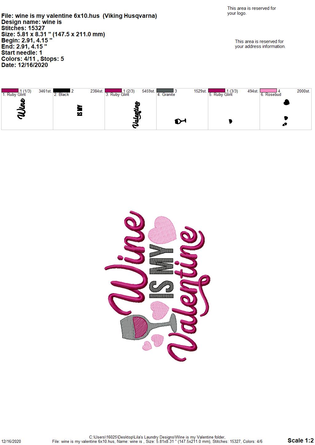 Wine is my Valentine - 2 sizes- Digital Embroidery Design
