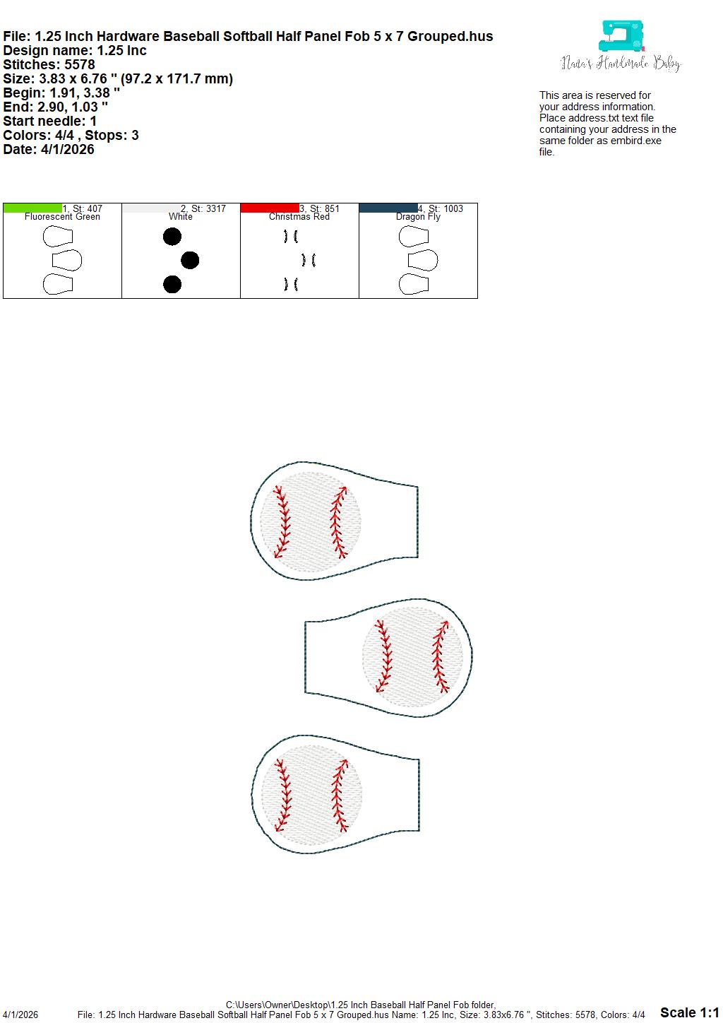 Baseball - Softball Half Panel Fob – REQUIRES 1.25″ Clamp Hardware – Digital Embroidery Design