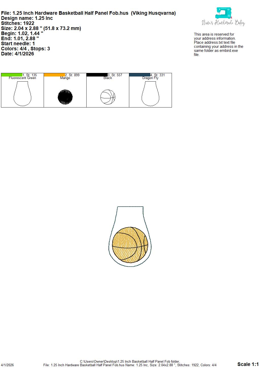 Basketball Half Panel Fob – REQUIRES 1.25″ Clamp Hardware – Digital Embroidery Design