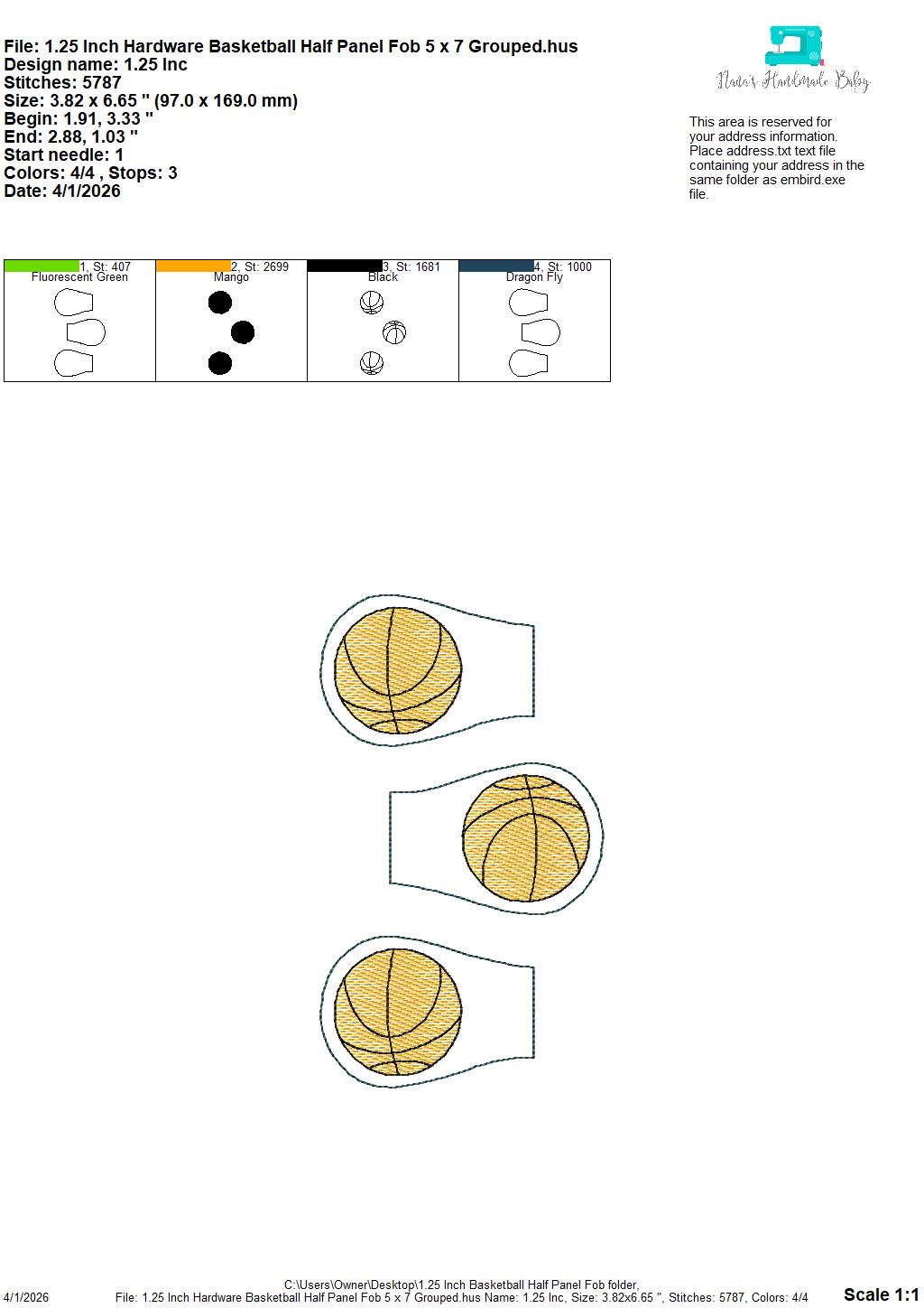Basketball Half Panel Fob – REQUIRES 1.25″ Clamp Hardware – Digital Embroidery Design