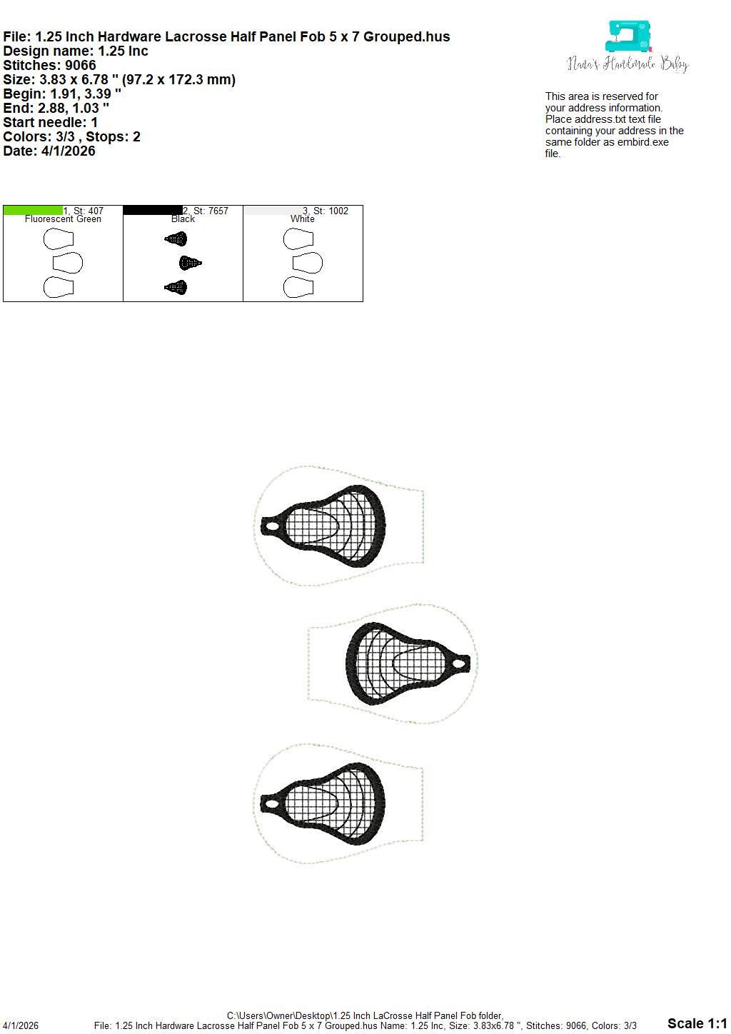 Lacrosse Half Panel Fob – REQUIRES 1.25″ Clamp Hardware – Digital Embroidery Design