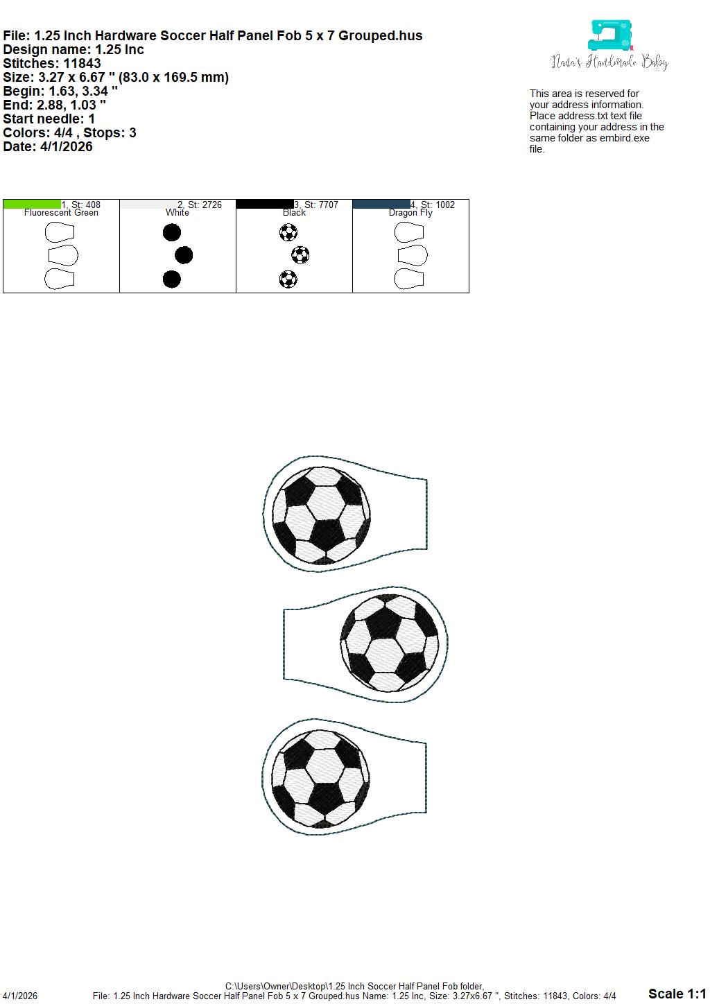 Soccer Half Panel Fob – REQUIRES 1.25″ Clamp Hardware – Digital Embroidery Design