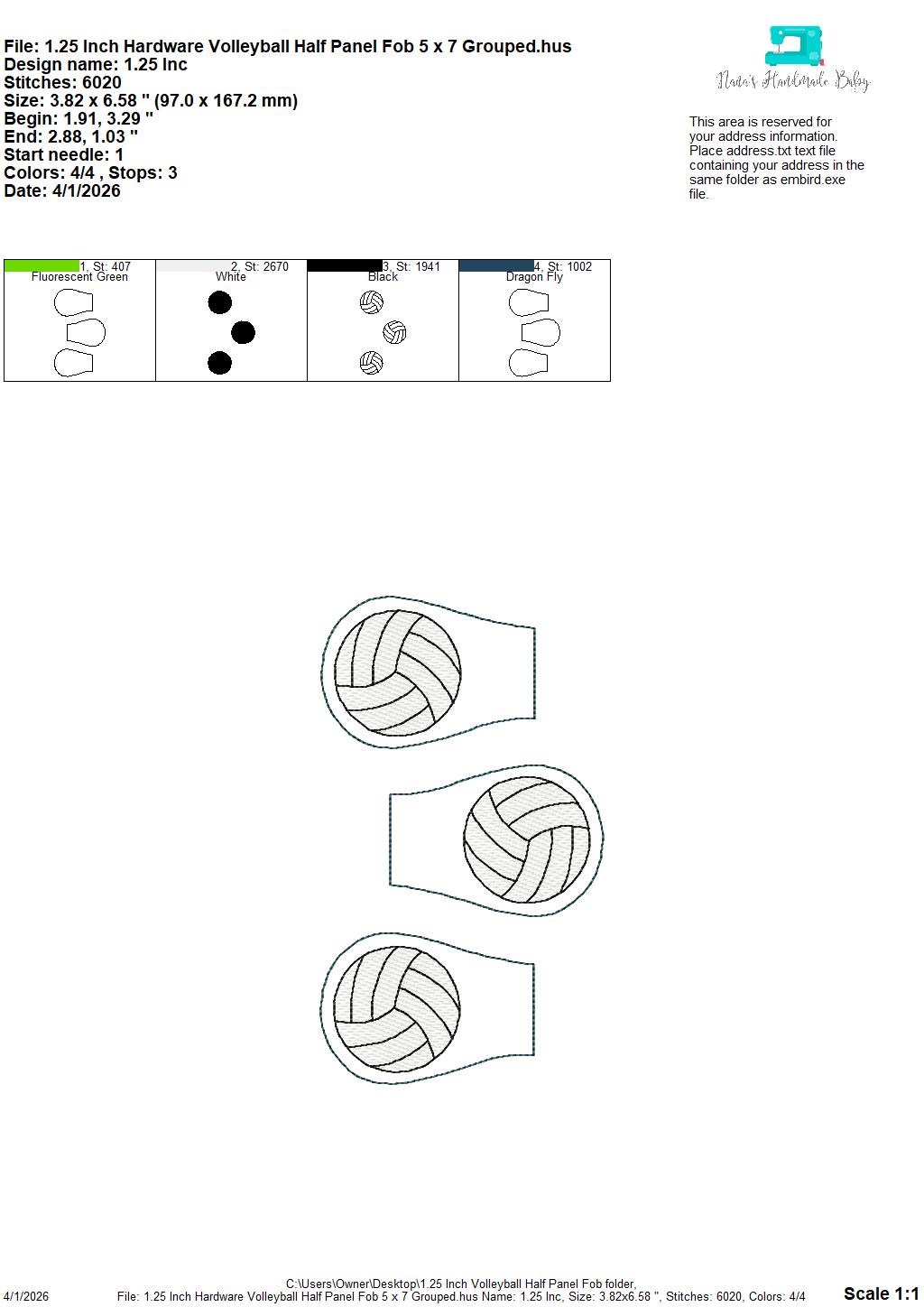 Volleyball Half Panel Fob – REQUIRES 1.25″ Clamp Hardware – Digital Embroidery Design