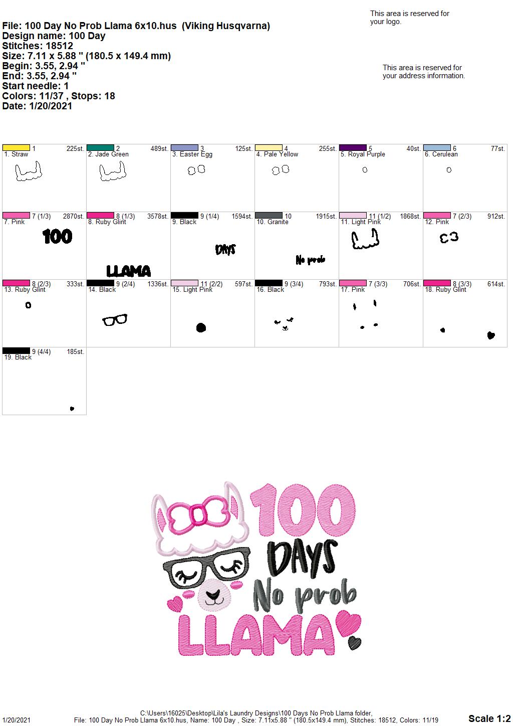 100 Days No Prob Llama - 2 sizes- Digital Embroidery Design
