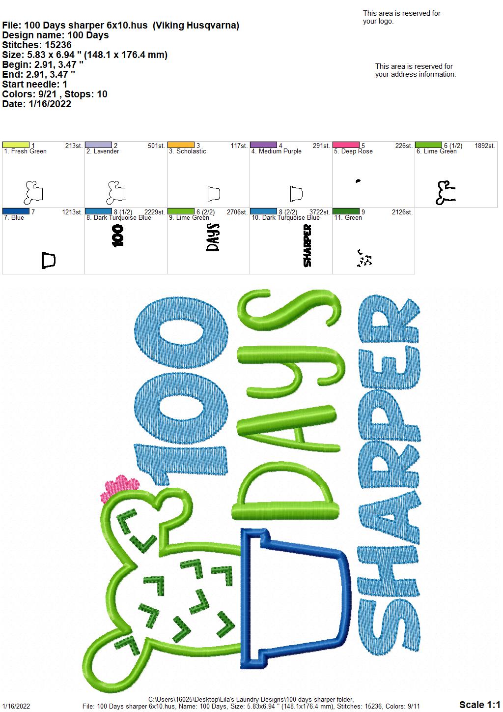 100 Days Sharper Applique - 3 sizes- Digital Embroidery Design