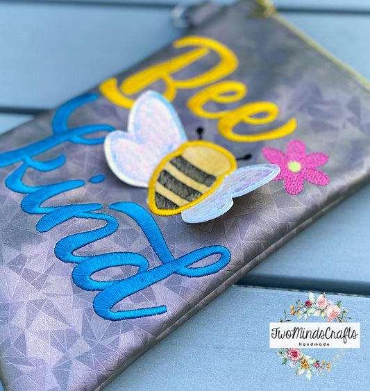 3D Bee Kind Zipper Bag - 2 sizes - Digital Embroidery Design