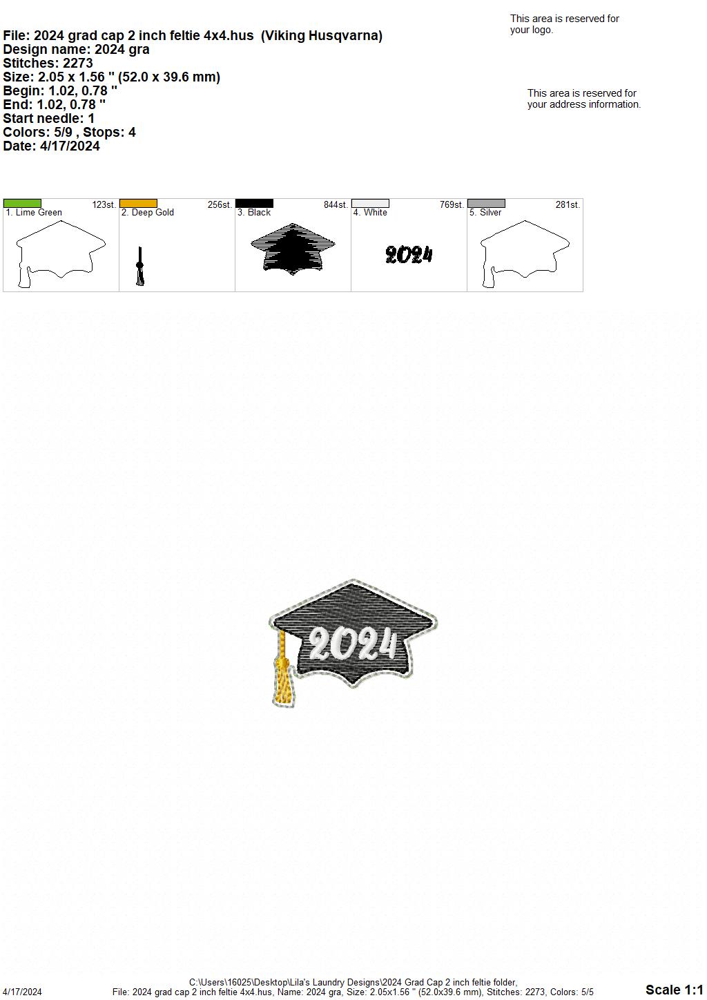 2024 Grad Cap - 2 inch feltie - Digital Embroidery Design