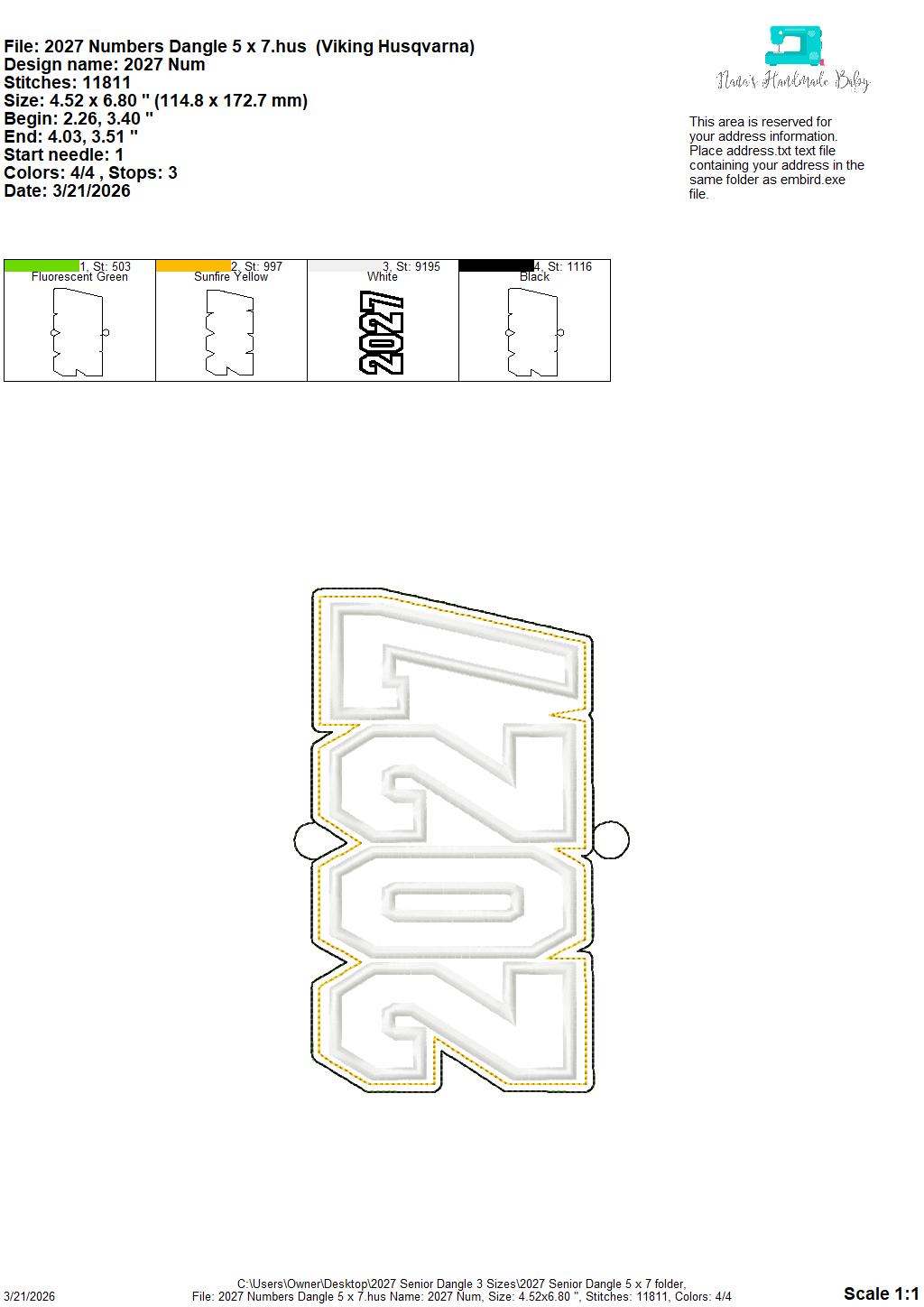 2027 Senior – Dangle – Door Decor – In The Hoop – 5 x 7, 6 x 10 and 8 x 12 included – DIGITAL Embroidery DESIGN
