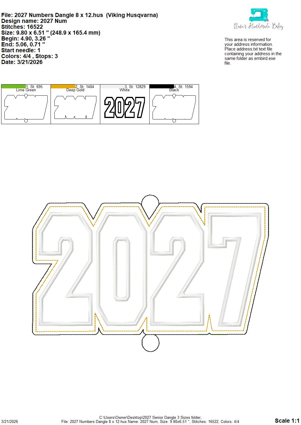 2027 Senior – Dangle – Door Decor – In The Hoop – 5 x 7, 6 x 10 and 8 x 12 included – DIGITAL Embroidery DESIGN