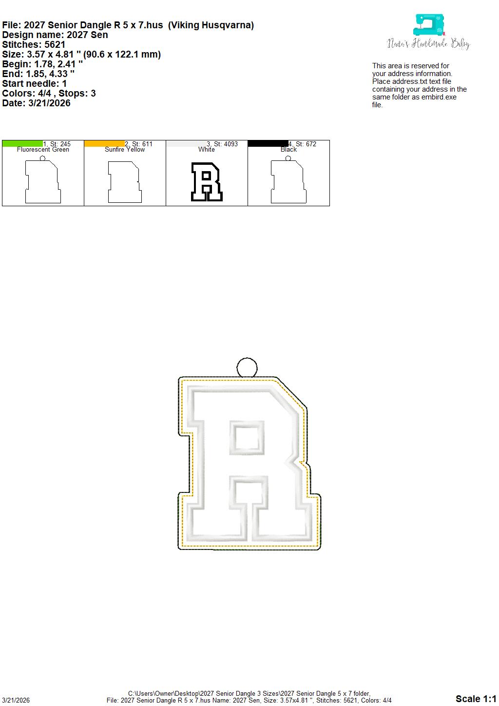 2027 Senior – Dangle – Door Decor – In The Hoop – 5 x 7, 6 x 10 and 8 x 12 included – DIGITAL Embroidery DESIGN