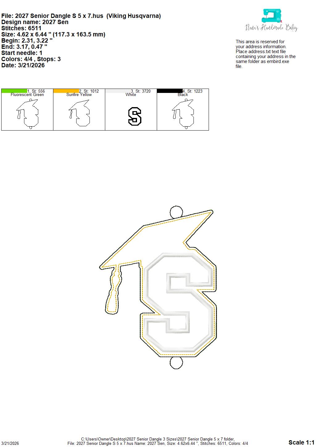 2027 Senior – Dangle – Door Decor – In The Hoop – 5 x 7, 6 x 10 and 8 x 12 included – DIGITAL Embroidery DESIGN