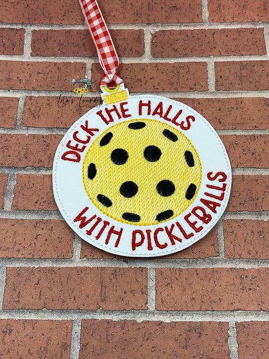 Deck the halls with pickleballs ornament - digital embroidery design