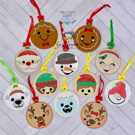 Christmas Faces Ornament Set - Set of 12 Designs - Digital Embroidery Design