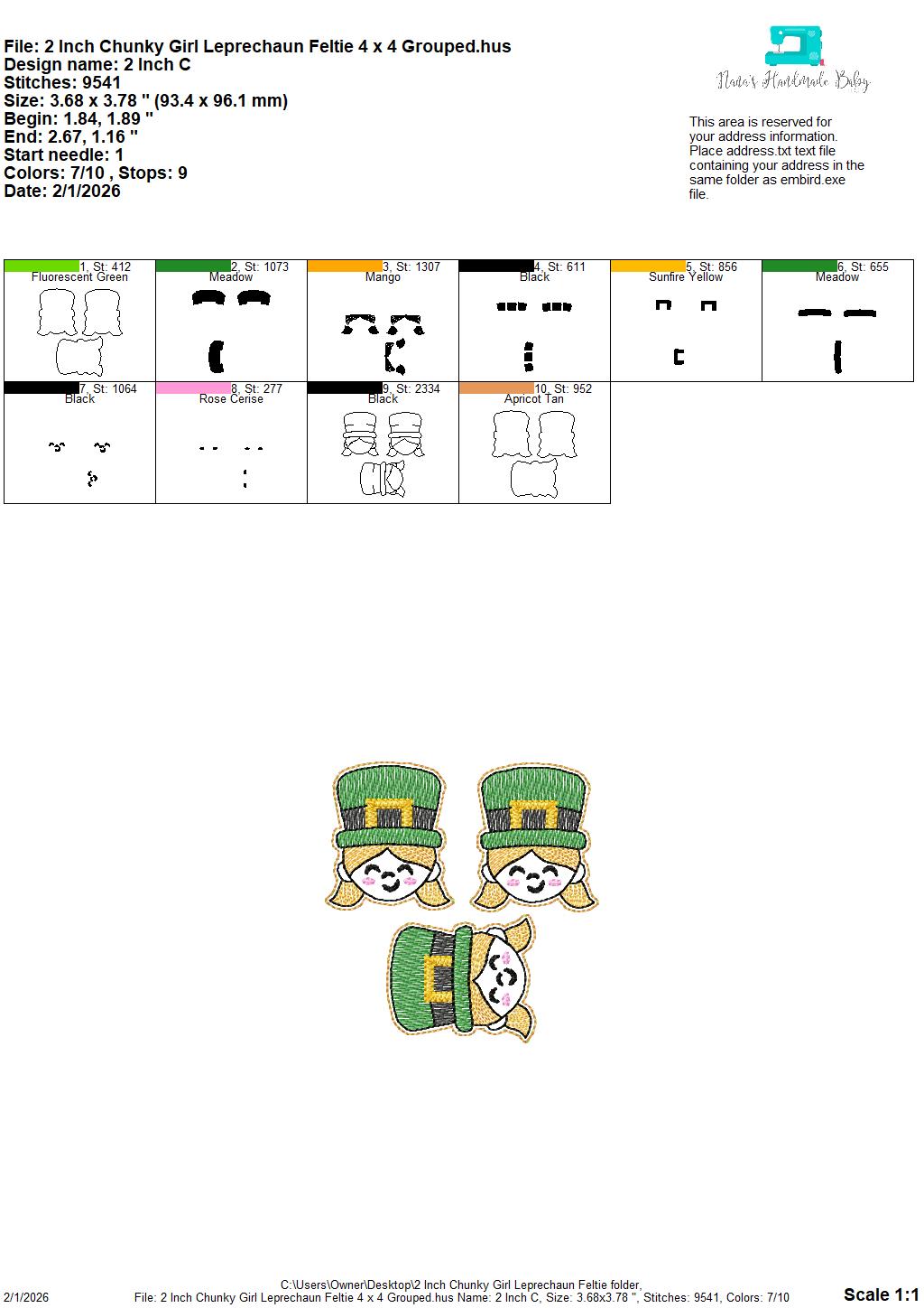 2 Inch Tall Chunky Girl Leprechaun Feltie – In the Hoop – 4 x 4 single, 4 x 4 grouped and 5 x 7 grouped – Digital Embroidery Design