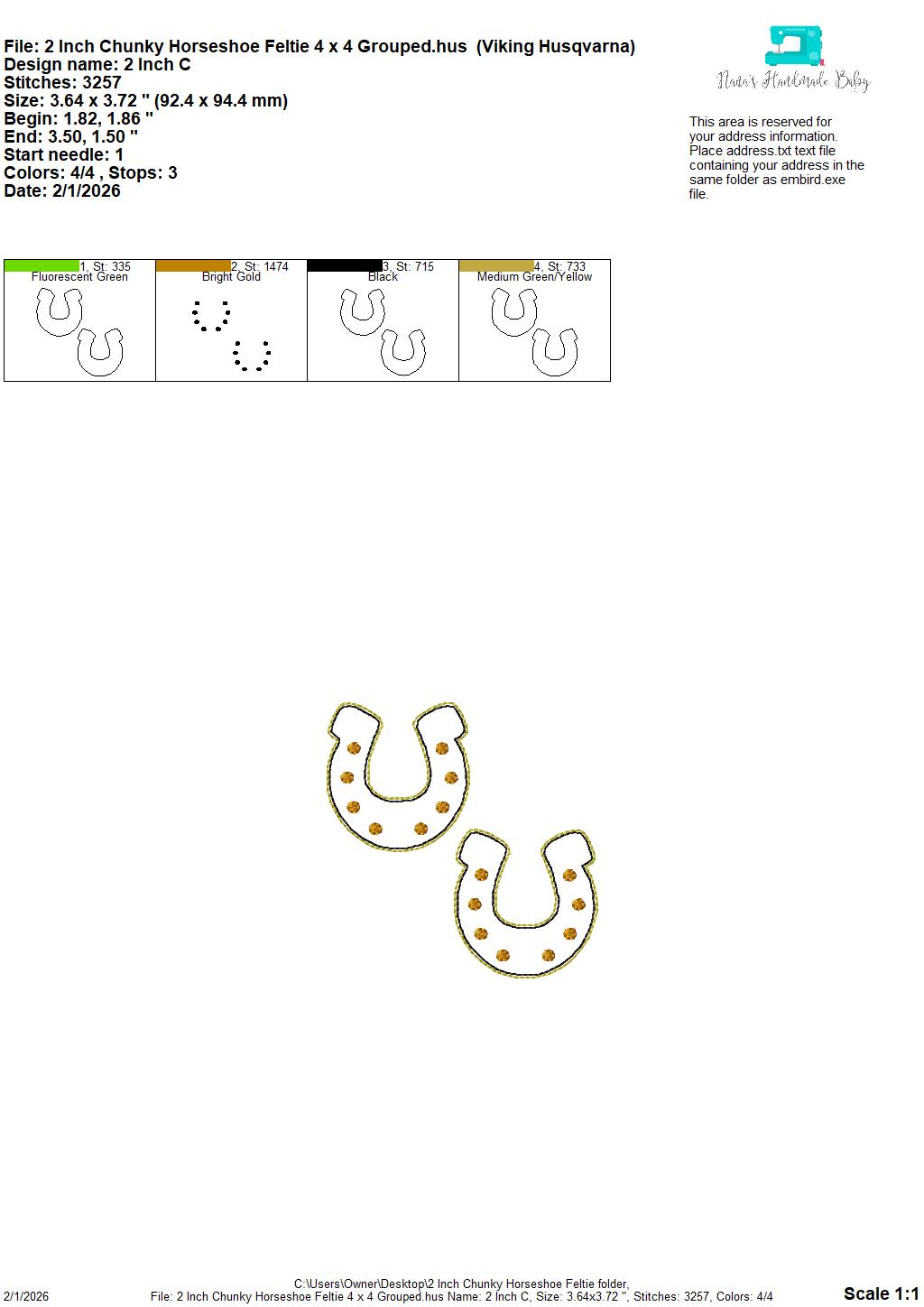 2 Inch Tall Chunky Horseshoe Feltie – In the Hoop – 4 x 4 single, 4 x 4 grouped and 5 x 7 grouped – Digital Embroidery Design