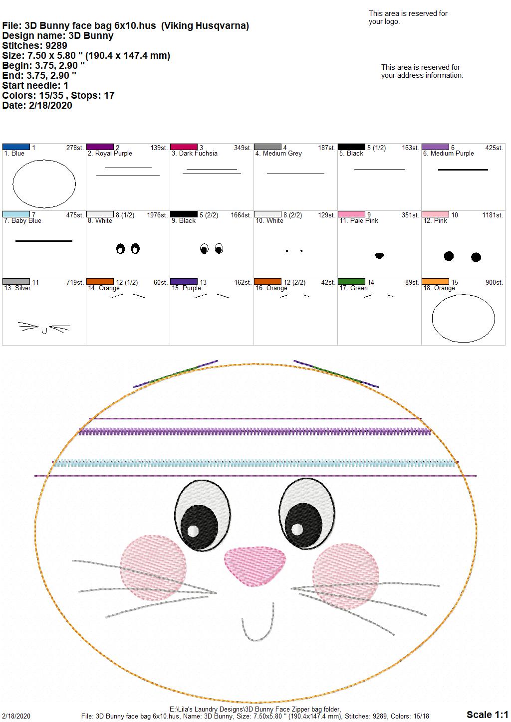 ITH - 3D Bunny Face Zipper Bag 5x7, 6x10, 8x12 - Digital Embroidery Design