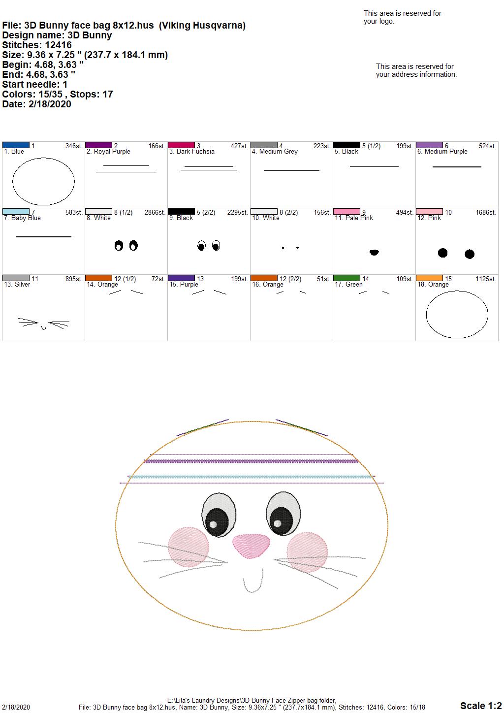 ITH - 3D Bunny Face Zipper Bag 5x7, 6x10, 8x12 - Digital Embroidery Design