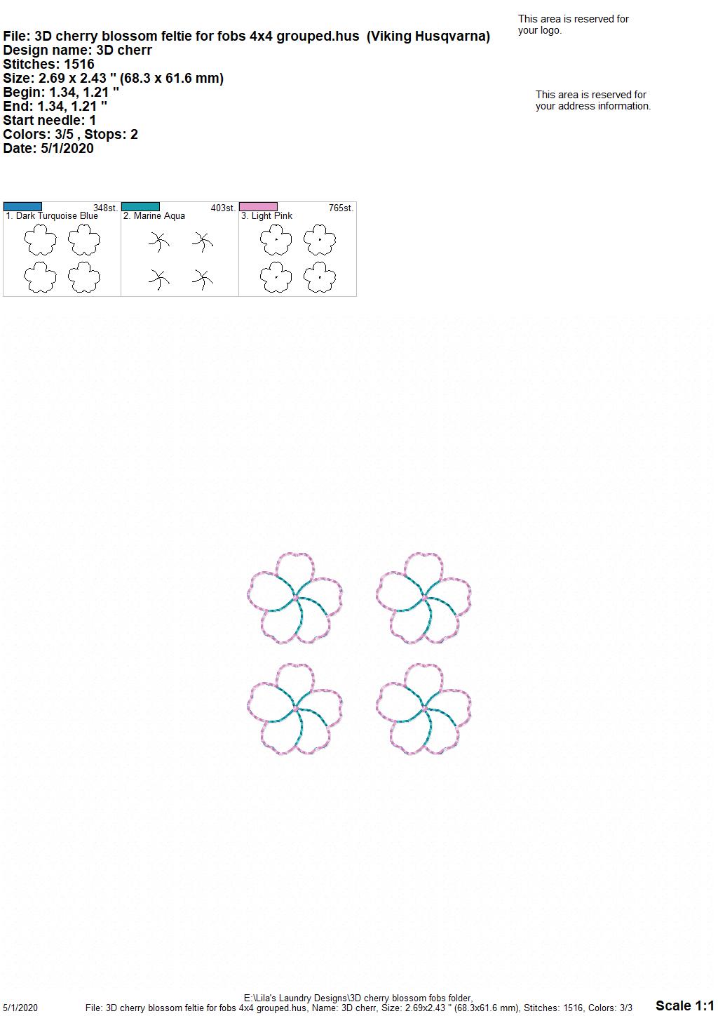 3D Cherry Blossom Fobs - DIGITAL Embroidery DESIGN