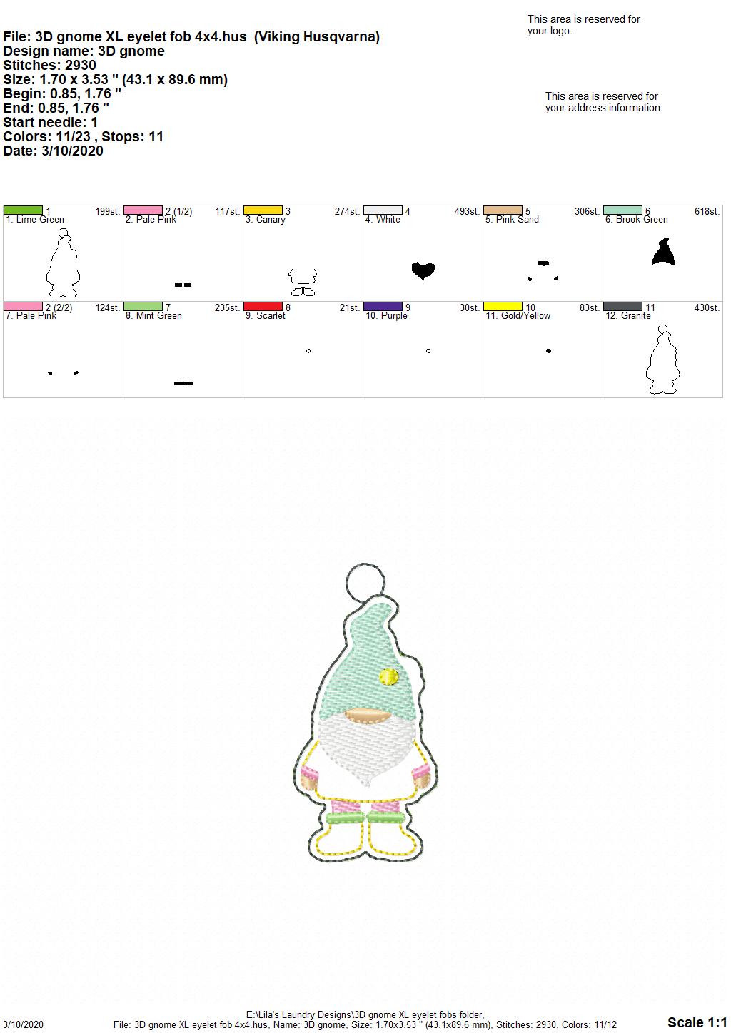 3D Gnome XL Fobs -  DIGITAL Embroidery DESIGN