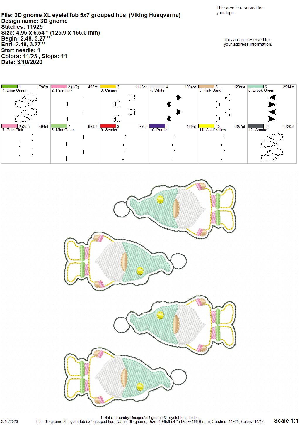 3D Gnome XL Fobs -  DIGITAL Embroidery DESIGN