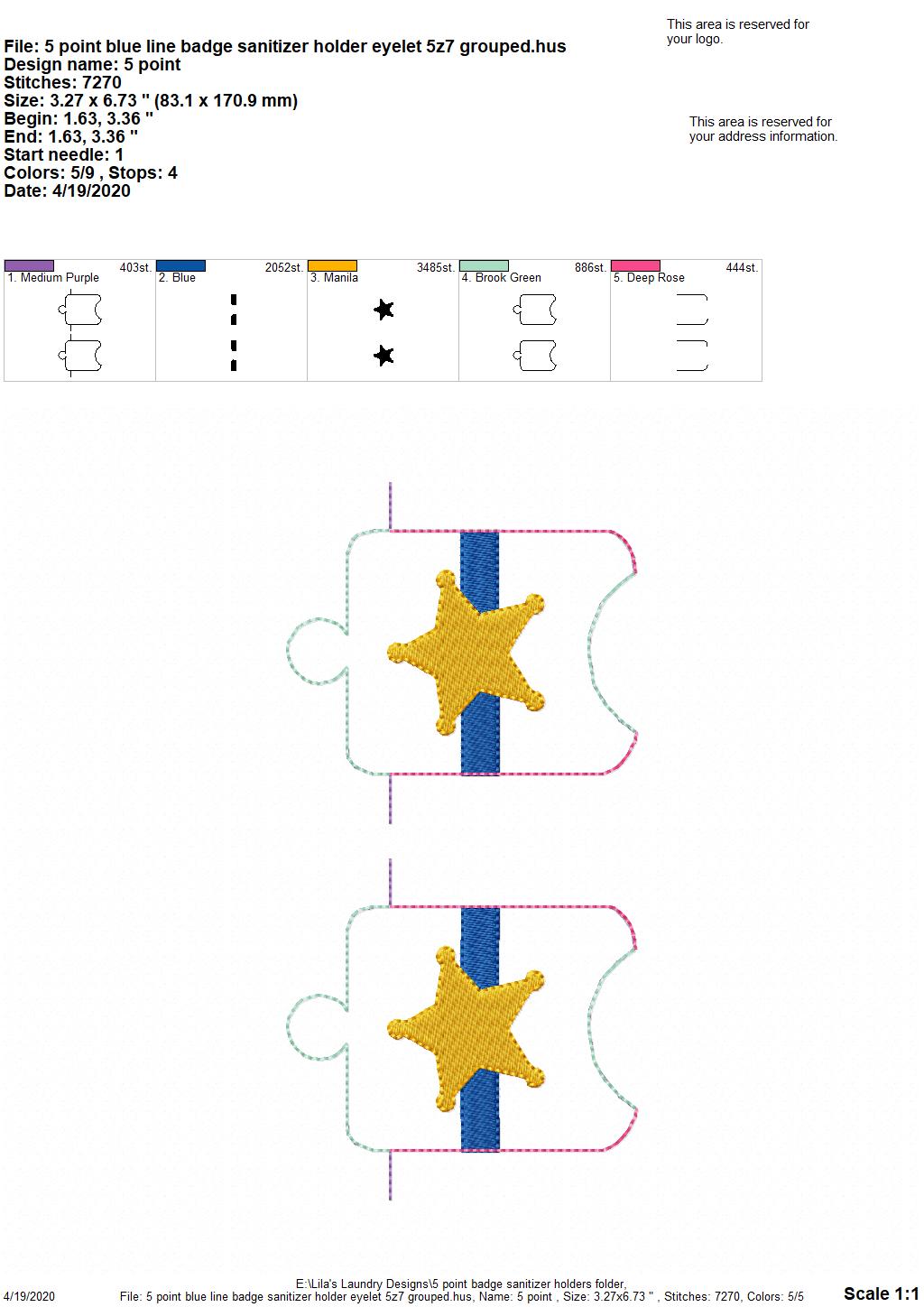 5 Point Blue Line Badge  Sanitizer Holders - DIGITAL Embroidery DESIGN