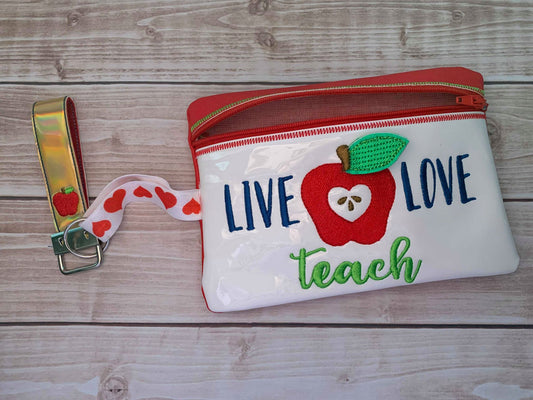 3D Live Love Teach Zipper Bag & Wristlet 5x7 and 6x10 - Digital Embroidery Design