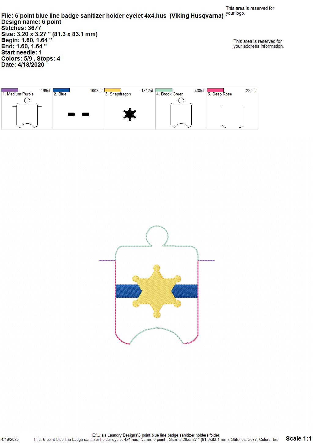 6 point blue line badge Sanitizer Holders - DIGITAL Embroidery DESIGN
