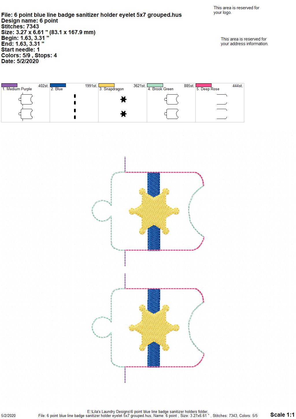 6 point blue line badge Sanitizer Holders - DIGITAL Embroidery DESIGN
