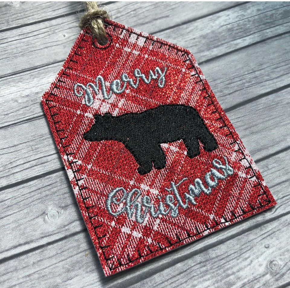 Merry Christmas Bear Gift Tag Feltie - Digital Embroidery Design