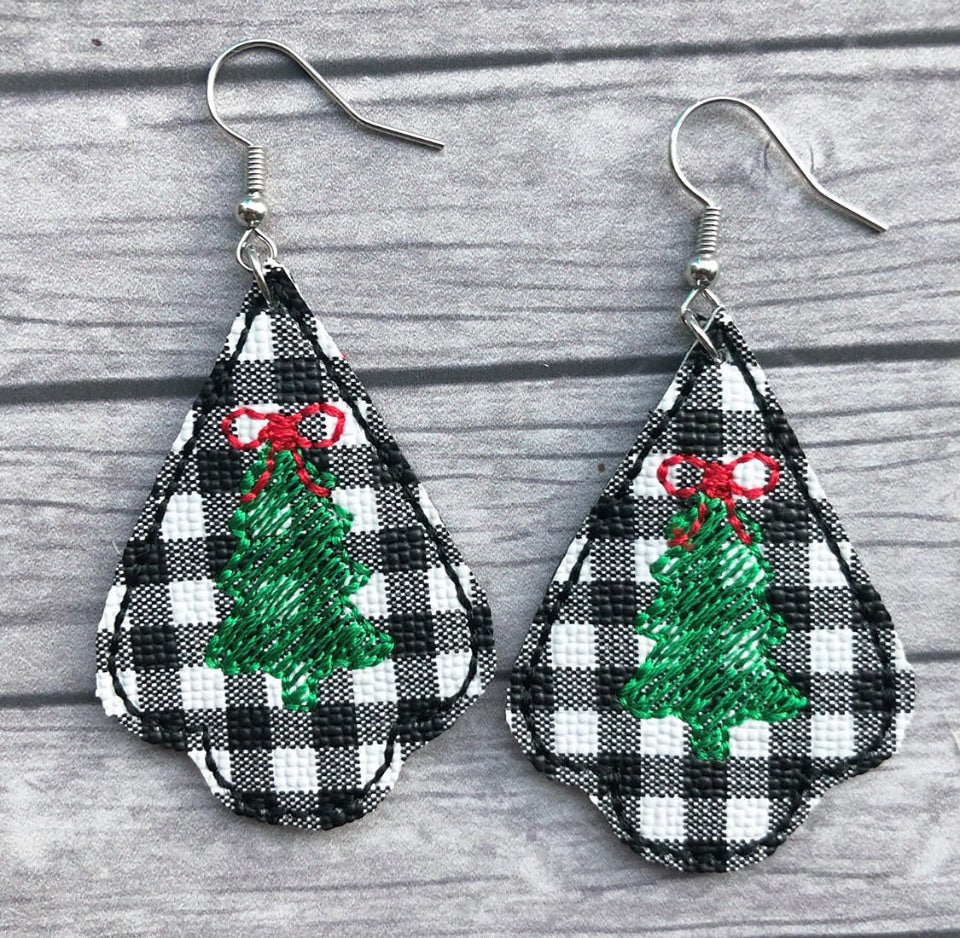 Sketch Tree Ornament Earrings - 2 Styles - 3 sizes - Digital Embroidery Design
