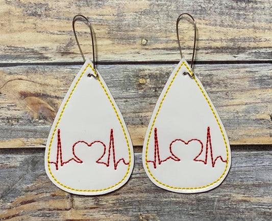 Heart EKG Tear Drop Earrings - 3 sizes - Digital Embroidery Design