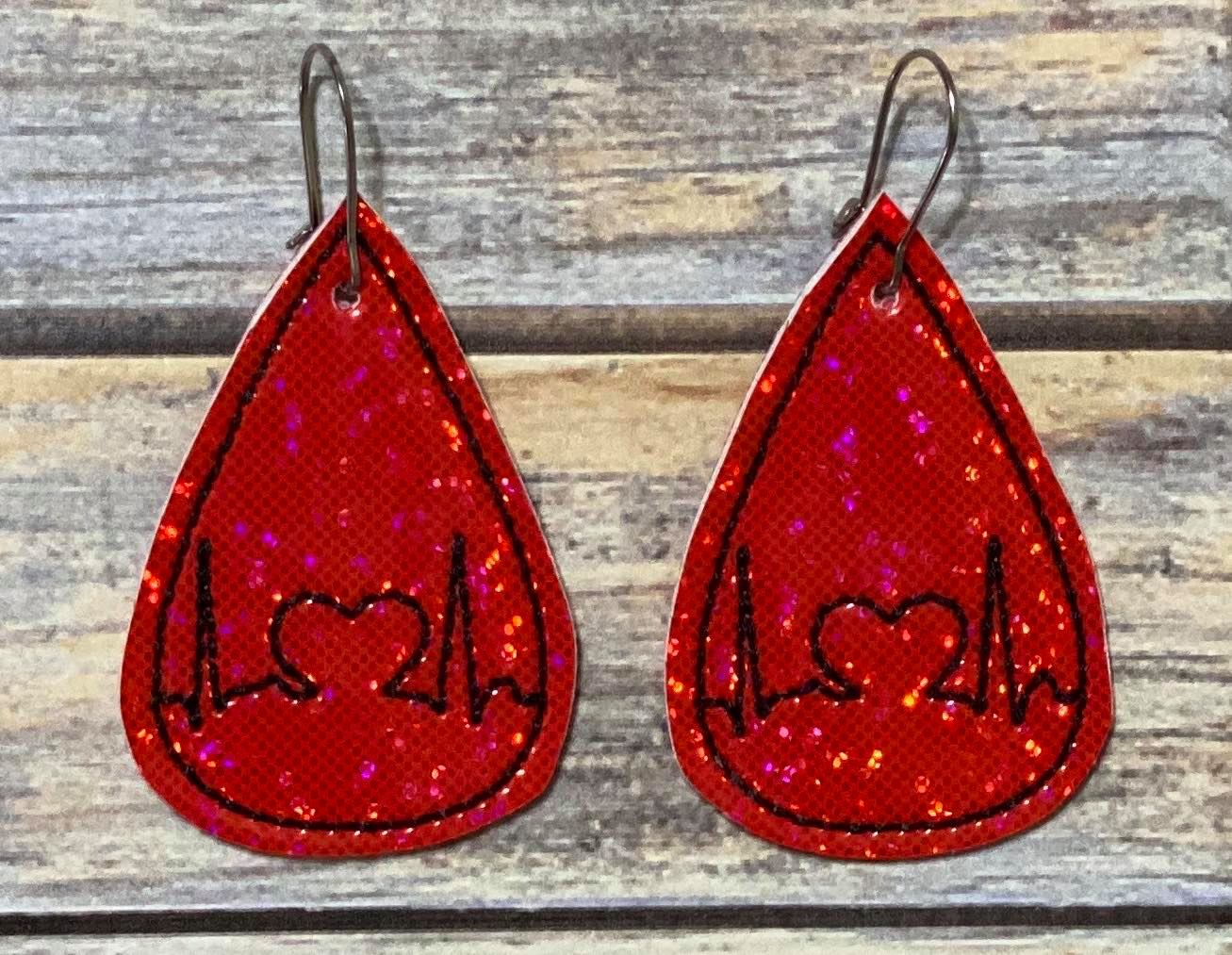Heart EKG Tear Drop Earrings - 3 sizes - Digital Embroidery Design