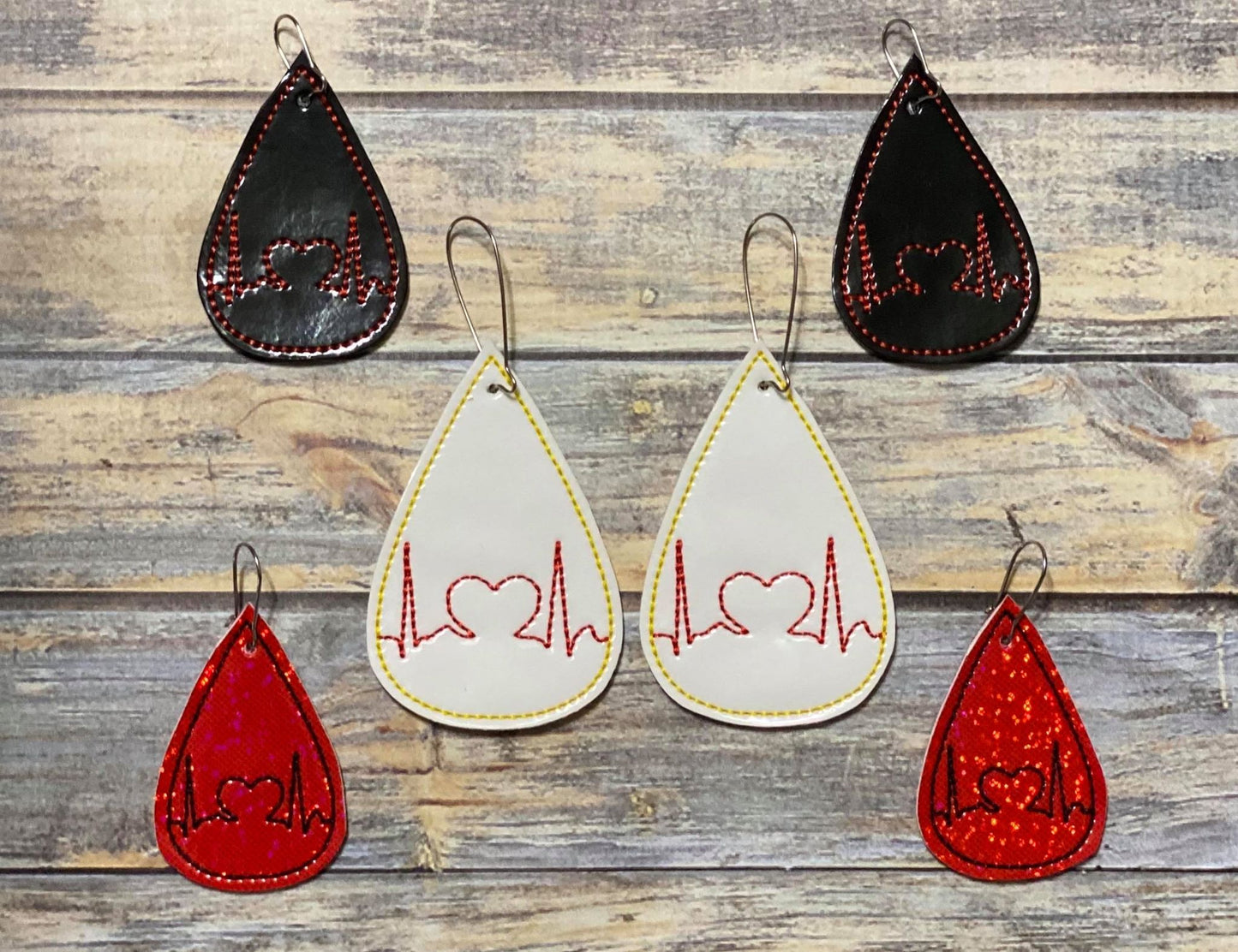 Heart EKG Tear Drop Earrings - 3 sizes - Digital Embroidery Design