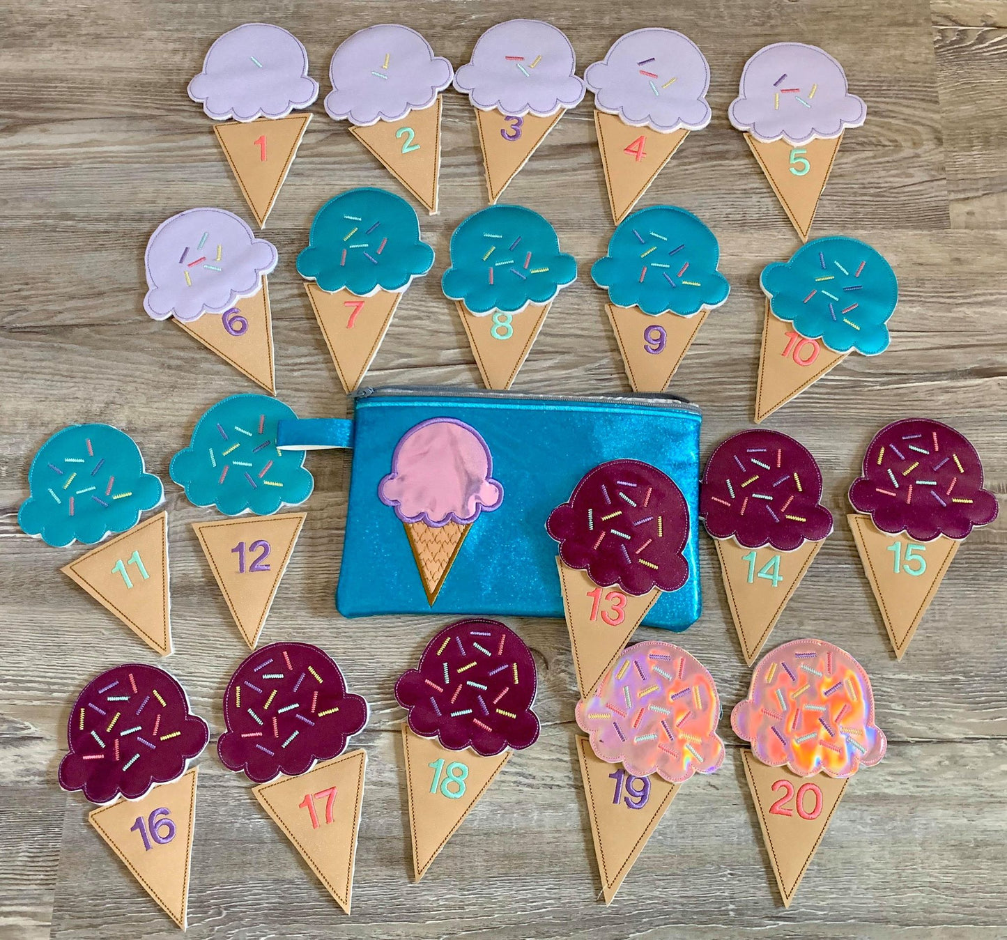 Ice Cream Cone Number Set with zipper bag - Digital Embroidery Design