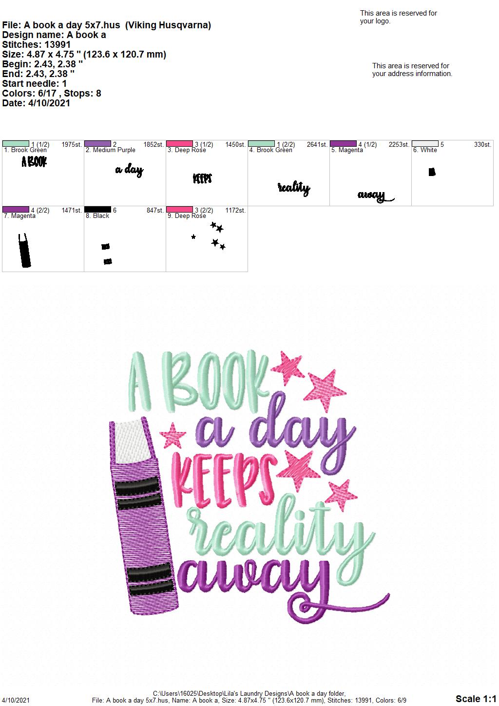 A Book a Day - 4 sizes- Digital Embroidery Design