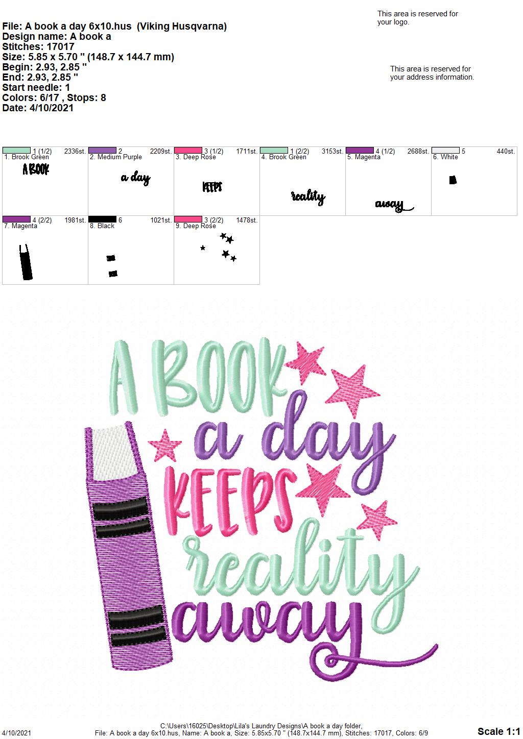 A Book a Day - 4 sizes- Digital Embroidery Design