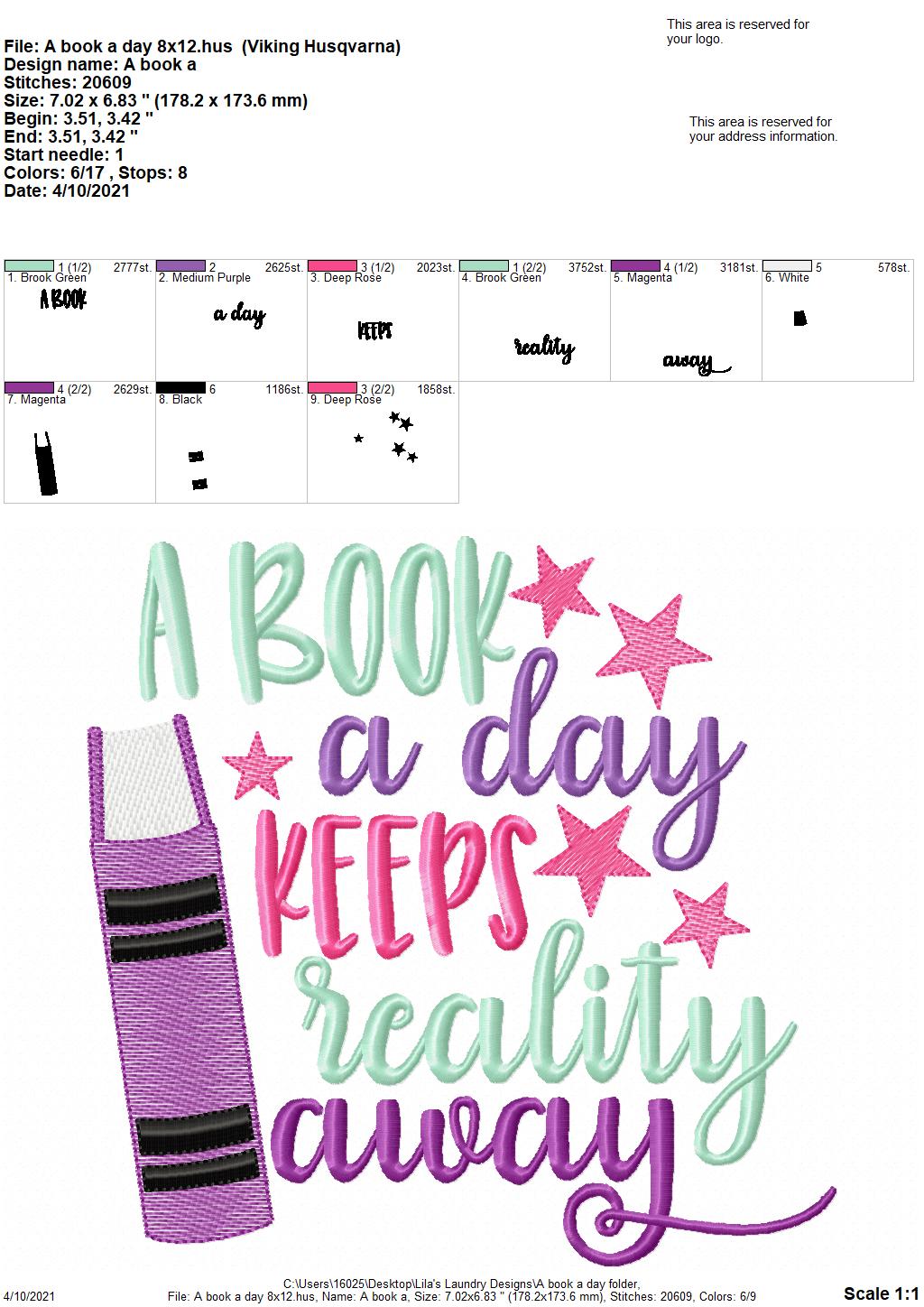A Book a Day - 4 sizes- Digital Embroidery Design