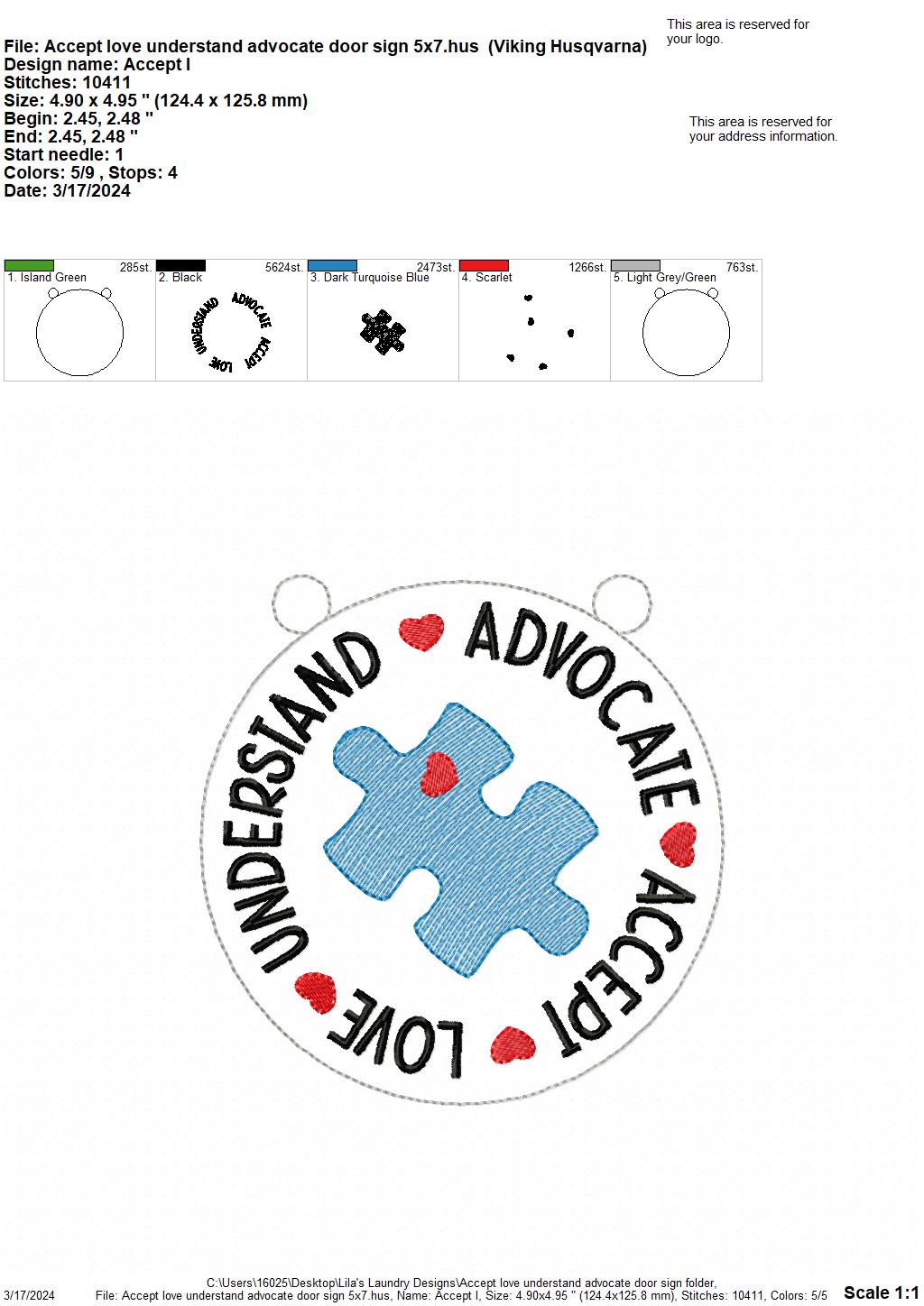 Accept Love Understand Advocate Door Sign - 3 Sizes - Digital Embroidery Design