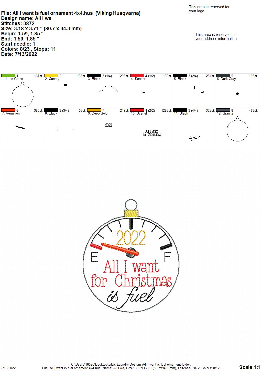 All I Want is Fuel Ornament - Digital Embroidery Design