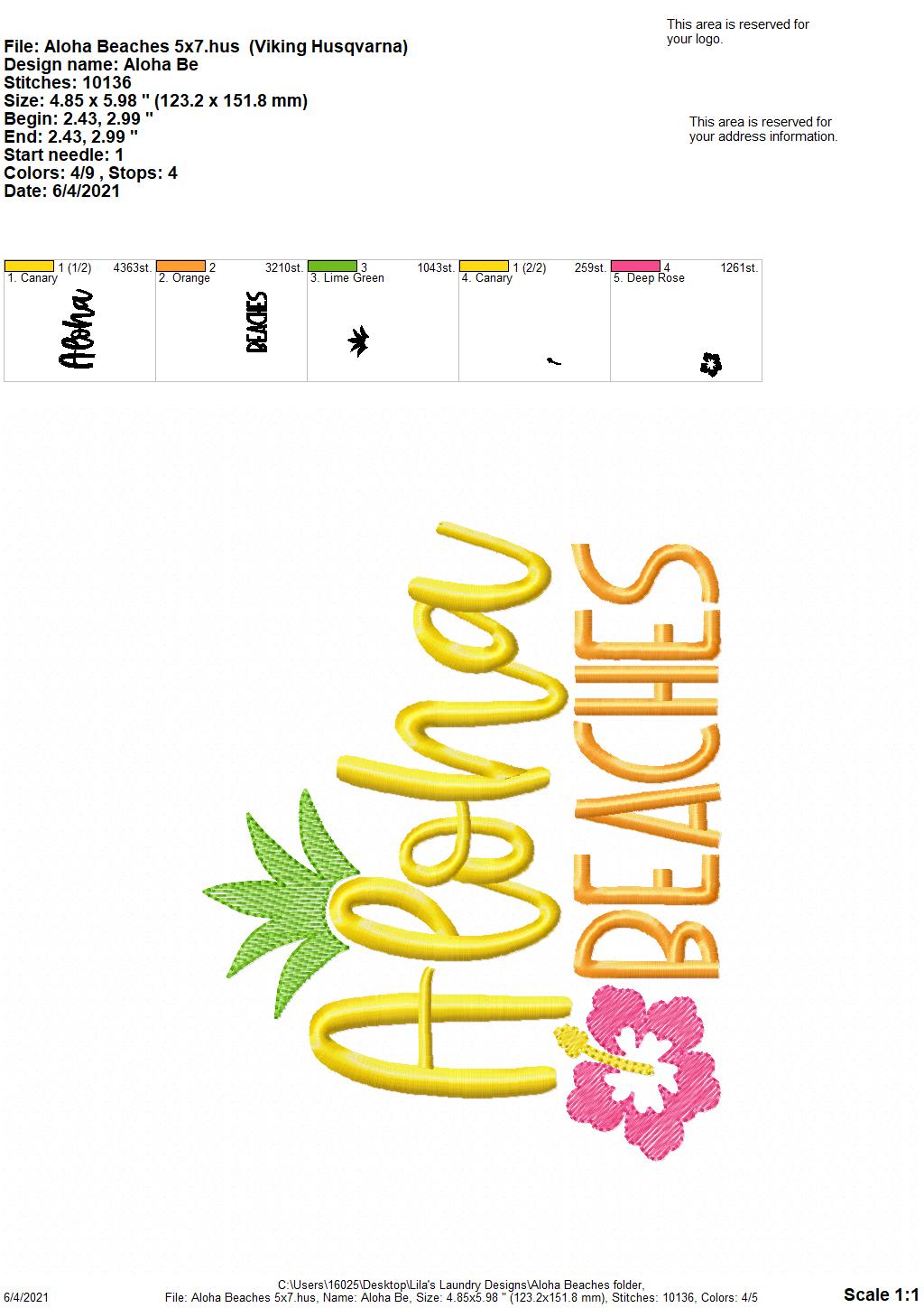 Aloha Beaches - 4 sizes- Digital Embroidery Design