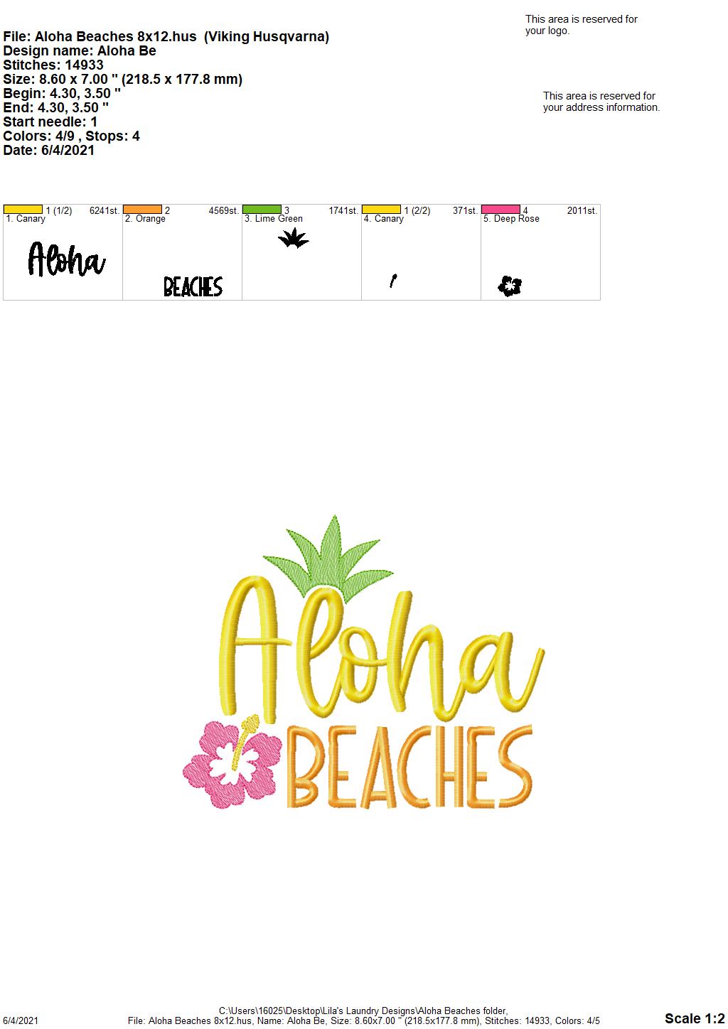 Aloha Beaches - 4 sizes- Digital Embroidery Design