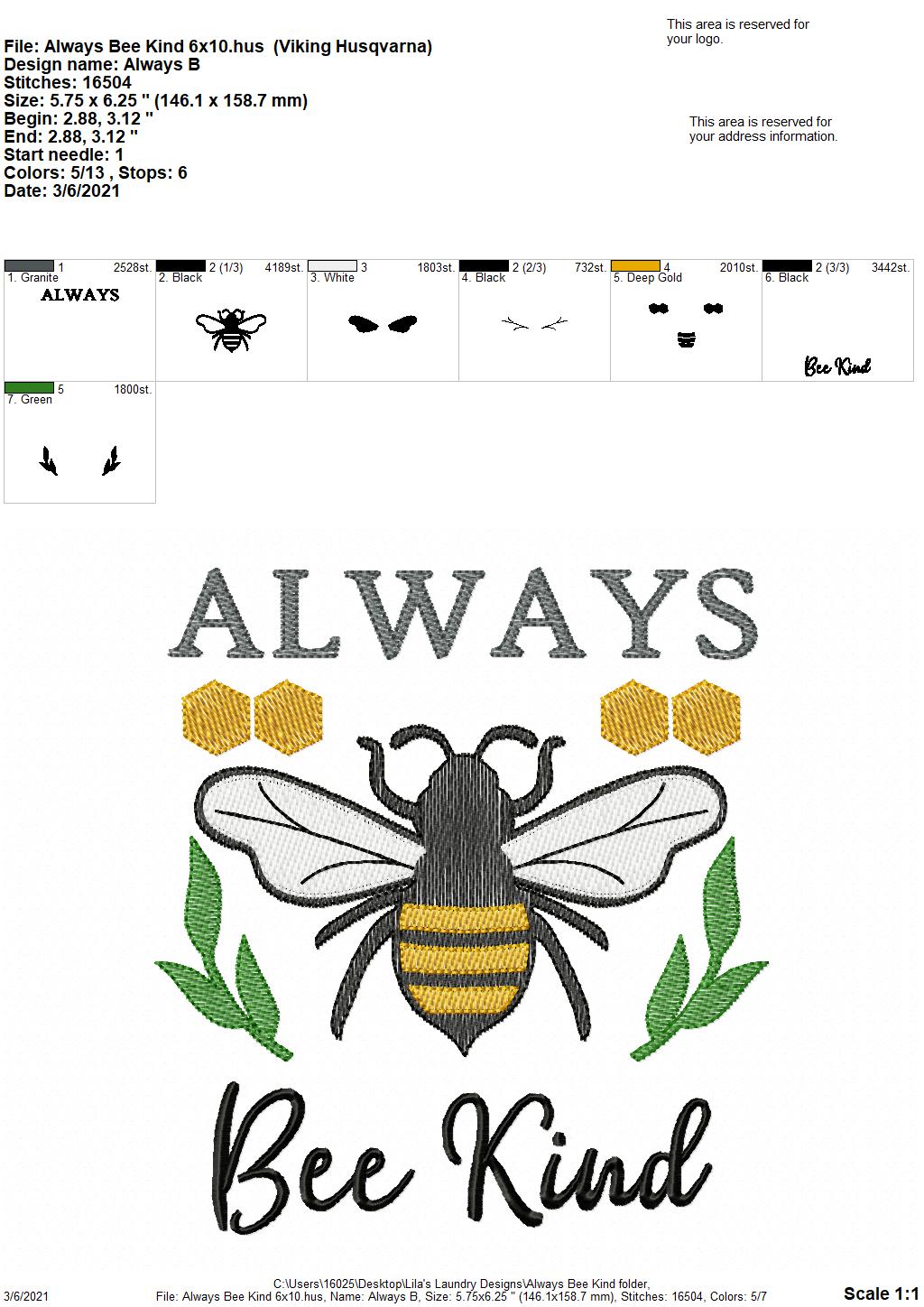 Always Bee Kind - 4 sizes- Digital Embroidery Design