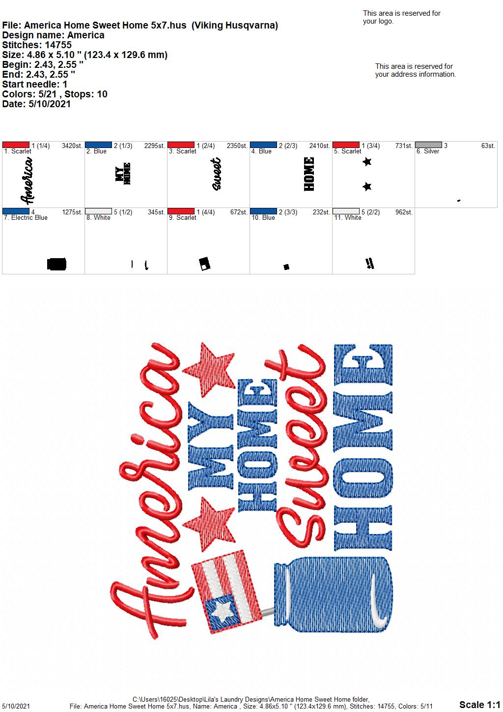 America Home Sweet Home - 4 sizes- Digital Embroidery Design