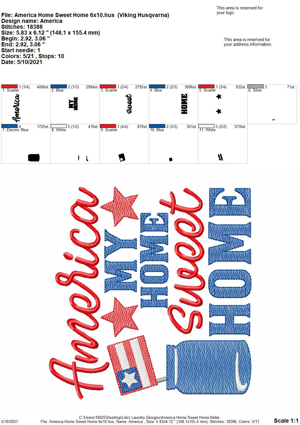 America Home Sweet Home - 4 sizes- Digital Embroidery Design