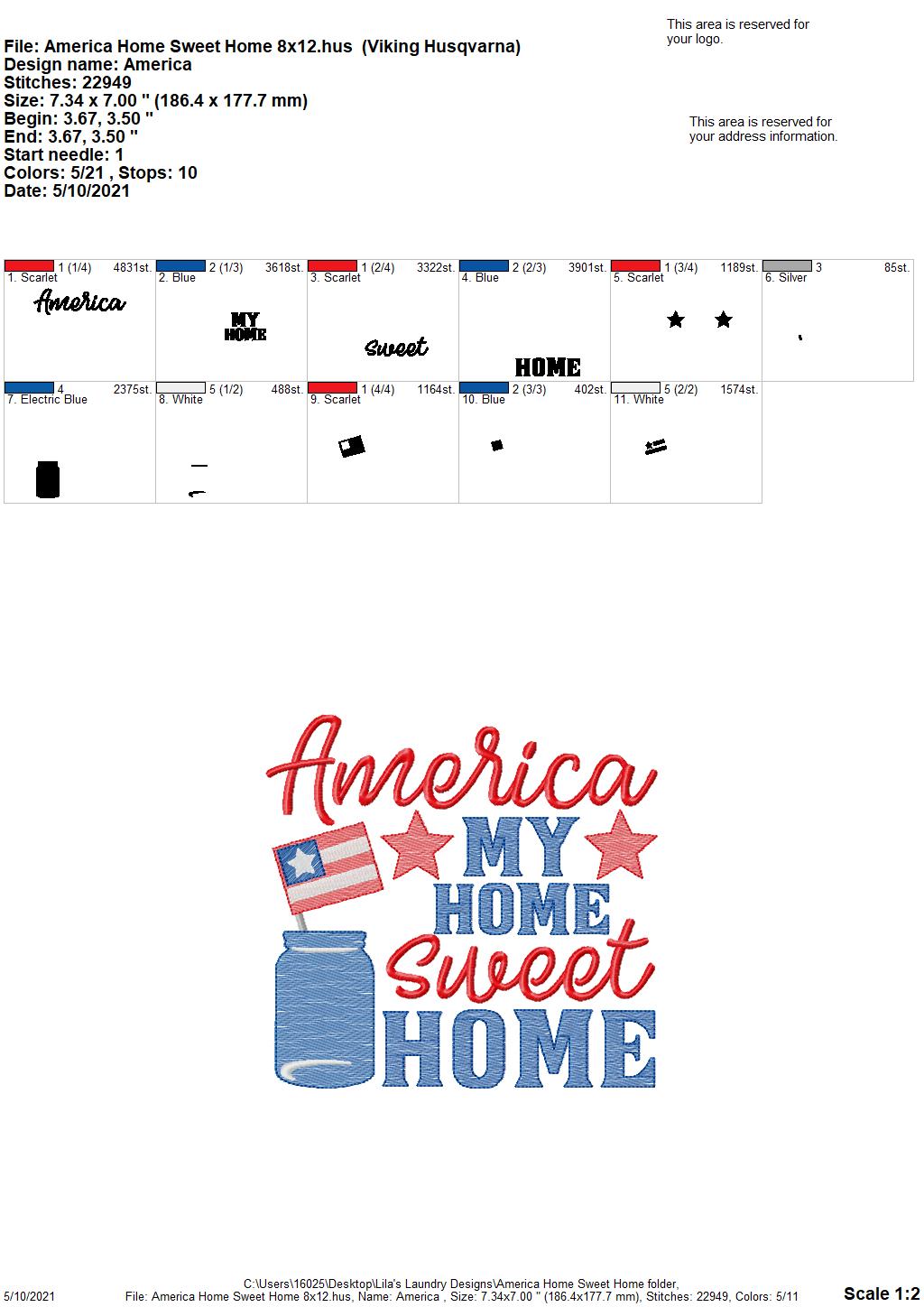 America Home Sweet Home - 4 sizes- Digital Embroidery Design