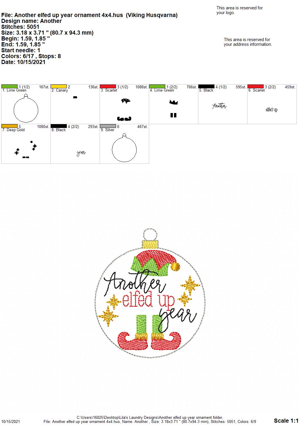 Another Elfed Up Year Ornament - Digital Embroidery Design